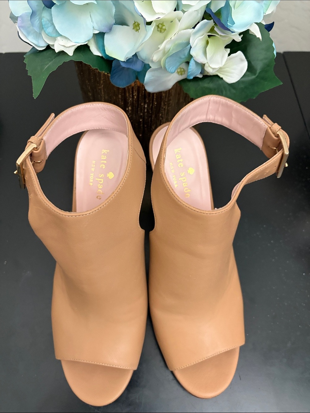 kate spade Tan Leather Open-Peep Toe Slingback Mules (3 1/2 in. Heels)